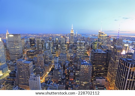 New York City skyline at dusk, NY, USA