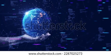 digital technology security concept Wireless connection of the global Internet communication network. Abstract globe resting on human hand with interconnected polygons on dark blue background.