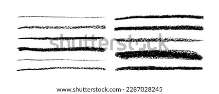 Charcoal pencil straight horizontal lines. Scribble black strokes vector set. Charcoal texture lines isolated on white background. Grunge smears, thin and thick chalk strokes, pencil dividers.