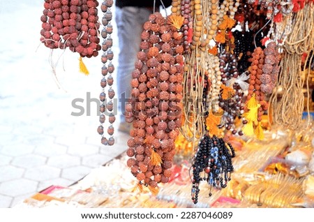 Handmade Rudraksh chain, for sell in street market Ujjain, Madhya Pradesh, India.