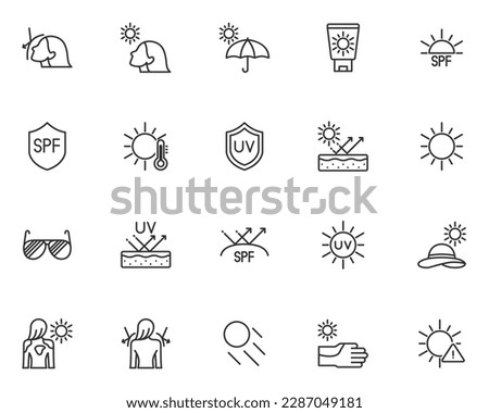 set of sun protection icons, sunscreen, sunburn, summer Royalty-Free Stock Photo #2287049181