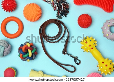 Flat lay composition with dog leash and toys on light blue background