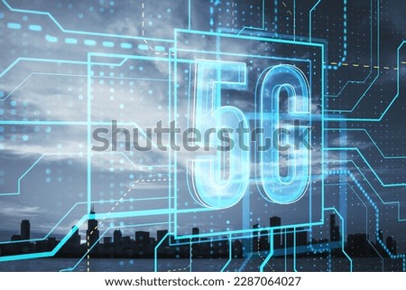 Abstract glowing linear 5g hologram on blurry city background. 5G network and wireless systems. Double exposure