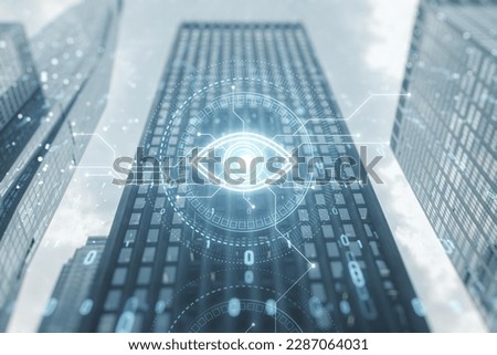 Cyber spy technology hologram, virtual eye of internet control surveillance and digital invigilation on blurry city background with coding. Double exposure Royalty-Free Stock Photo #2287064031