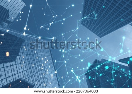 Glowing polygonal coding mesh on blurry city wallpaper. Technology and pattern concept. Double exposure