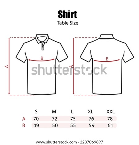 Outline vector illustration unisex short sleeve collared shirts - sizing chart, for cloth template size label