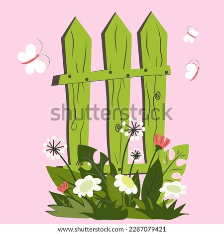 Spring clip art with wild flowers, butterflies and green fence. Dandelions, tulips, daisies