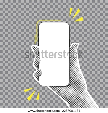 Mockup of smartphone in halftone hand. Vector illustration with hand holding phone with blank display isolated on checkered background.  Paper cut out element for decoration of banners and posters.