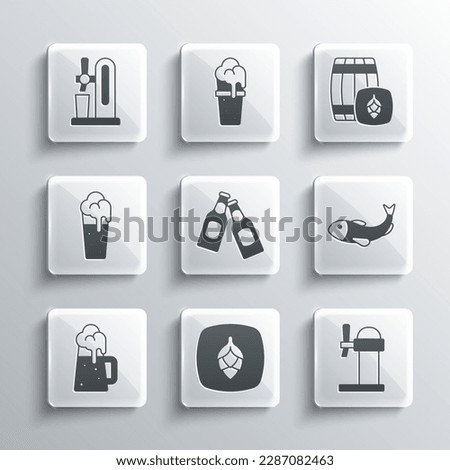 Set Hop, Dispenser beer, Dried fish, Beer bottle, Wooden mug, Glass of, tap with glass and barrel icon. Vector