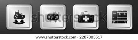 Set Skates, Hockey table, First aid kit and Locker or changing room icon. Silver square button. Vector