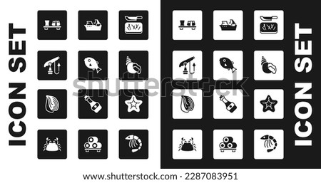 Set Cutting board and knife, Tropical fish, Fishing harpoon, Sushi cutting, Scallop sea shell, boat, Starfish and Mussel icon. Vector