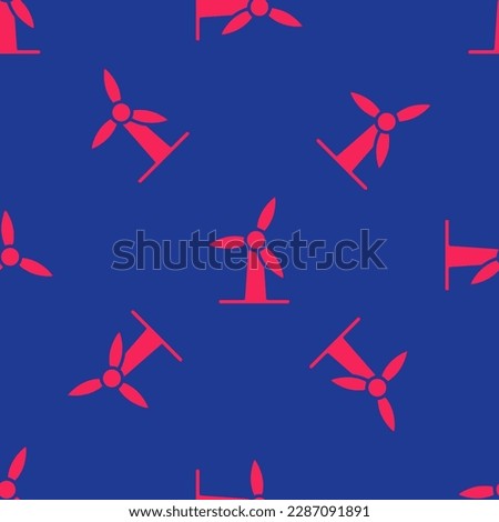 Red Wind turbine icon isolated seamless pattern on blue background. Wind generator sign. Windmill for electric power production.  Vector Royalty-Free Stock Photo #2287091891
