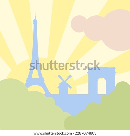 Vector paris silhouettes of the eiffel tower, arches and red mill on the background of the sun retro style flat