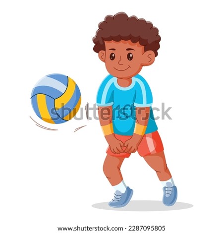 Happy cute kid boy playing volleyball on a white background. Vector Illustration