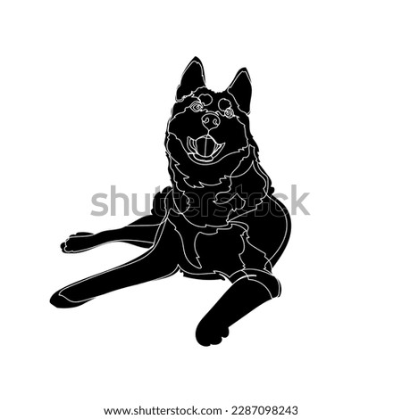 Black silhouette of husky dog on white background. Graphic drawing. Vector illustration.