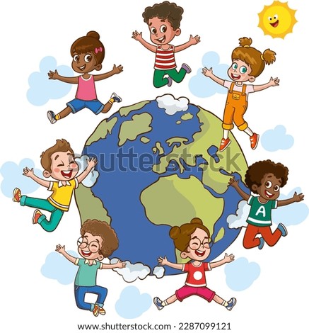 Children around the world on a white background. Vector clip art illustration.