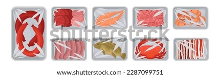 Meat Trays Keeping Food Frozen in Polyethylene Whole Package Vector Set