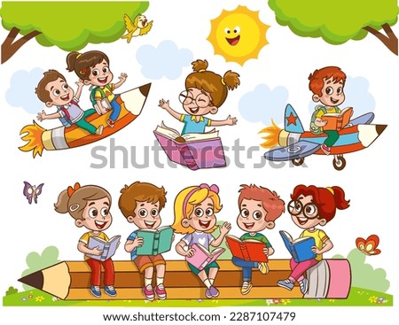 fun educational images with educational materials.Funny Kid Flying On Colorful Pencil cartoon vector Royalty-Free Stock Photo #2287107479