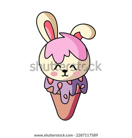 Cute adorable bunny rabbit smiling in sweet ice-cream vector for kid sticker etc.