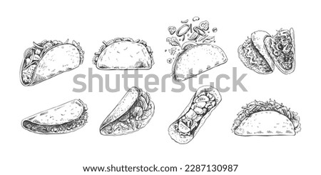 Hand-drawn sketch of burritos and tacos set. Different types of burritos and tacos.  Vintage illustration. Element for the design of labels, packaging and postcards
 Royalty-Free Stock Photo #2287130987