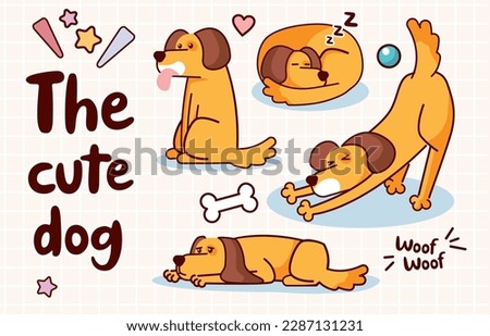 Set of cute cartoon brown dog with different emotions isolated on white background. Happy and sad dog. Clip art animal. Vector illustration