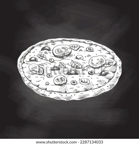 Hand-drawn sketch style pizza Margherita isolated on chalkboard background. Traditional Italian cuisine. Dough, tomato sauce, melted mozzarella cheese, basil leaves, tomatoes. Vintage illustration.