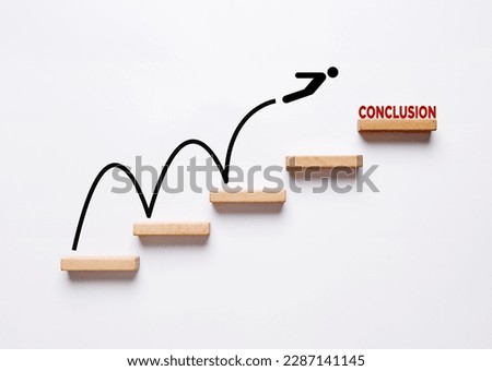 Jumping to conclusions. Stickman symbol jumping to the top of the wooden block stairs with the word conclusion at the top. Royalty-Free Stock Photo #2287141145