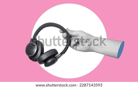 Art collage digital pop contemporary art. Hand-holding headphones on a pink background. Listen to the podcast. podcast and music. Asmr sound therapy, webinar, worship.