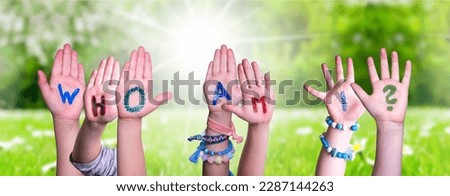 Children Hands Building Word Who Am I, Grass Meadow