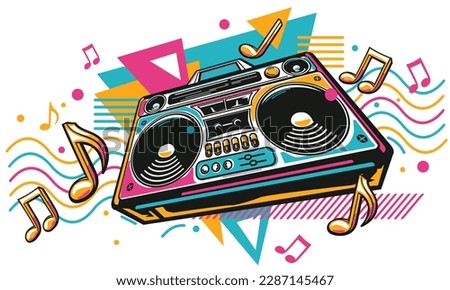Music design - colorful boom box tape recorder and musical notes Royalty-Free Stock Photo #2287145467