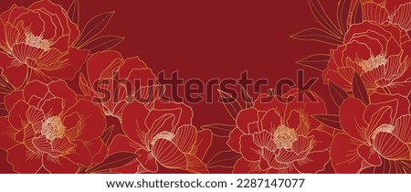 Luxury oriental flower background vector. Elegant peony flowers and leaves golden line art on red background. Floral pattern design illustration for decoration, wallpaper, poster, banner, card. Royalty-Free Stock Photo #2287147077
