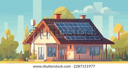 Eco friendly house. Green energy. Solar photovoltaic power panels. Smart home concept. Illustration in trendy flat style, isolated on white background. Vector.