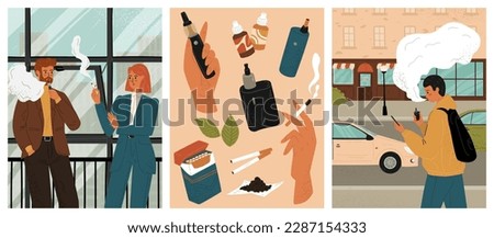 Business people smoke in office smoking area. Smoking concept vector posters set. Teen guy walk on a street and smokes vape. Electronic cigarettes, vaper, hand with cigarette, isolated objects