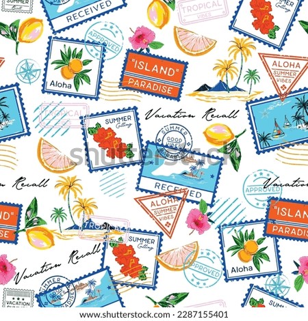 Trendy Summer Vacation Seamless pattern. Travel in Summer Vibes , Stamp , Bird ,Hibiscus flower, banana,beach and ocean vector hand drawn style ,Design for fashion , fabric, textile, and all prints  Royalty-Free Stock Photo #2287155401