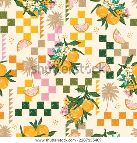 Beautiful seamless Summer Vacation Seamless pattern. Summer fruit, Lemon , Oranges , flower,banana,beach and ocean vector hand drawn style ,Design for fashion , fabric, textile, and all prints  Royalty-Free Stock Photo #2287155409