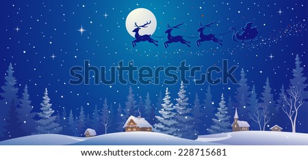 Vector illustration of Santa sleigh flying over night village