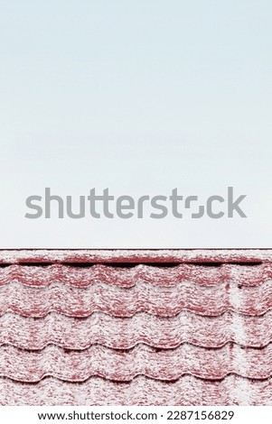 The roof is covered with snow. Background. Red roof. Roof against the sky