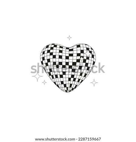 Groovy Hippie Sparkling Disco Heart illustration. Valentines Day design. Black and white vector clip-art isolated.
