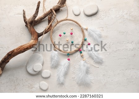 Dream catcher with tree branch and stones on white background