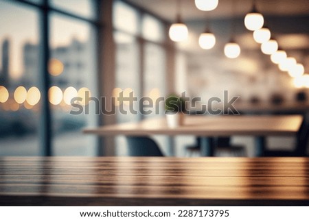 Table with blur background of corporate office conference room with glass interior for office product place on the table defocus office background. The office table made of wood. Corporate room. Royalty-Free Stock Photo #2287173795