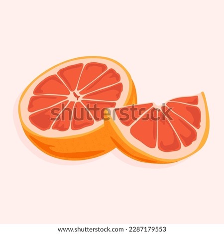 Grapefruit cut in half and its slice with pulp. Healthy fruits and natural products. Food icons. Royalty-Free Stock Photo #2287179553