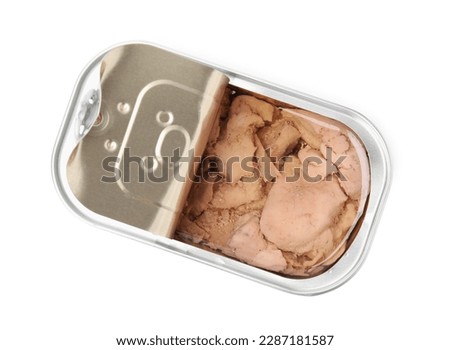 Packaging of canned cod liver isolated on white, top view