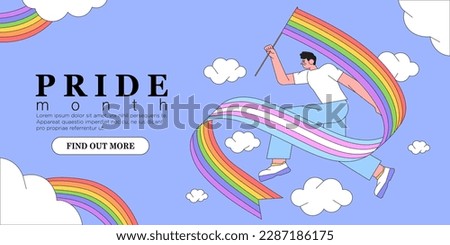 Cheerful character with rainbow lgbtq and transgender flag celebrate pride month or day vector flat illustration. LGBTQ support social media banner or post template, greeting card on blue background.  Royalty-Free Stock Photo #2287186175