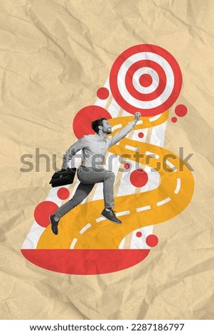 Vertical collage poster sketch picture image of successful positive man running dream aim achieve progress walk carry briefcase