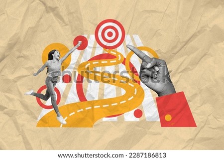 Artwork magazine collage picture of excited funny girl running road achieving aim isolated drawing background