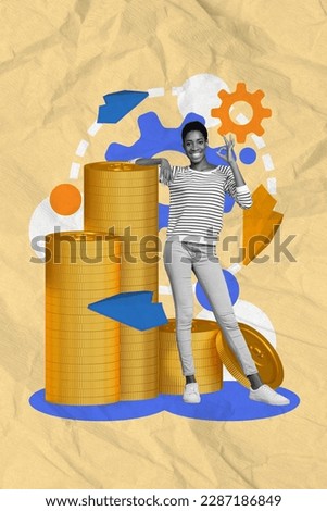 Vertical creative photo collage of successful satisfied girl show okey lean on dollar coins isolated on pastel paper color background