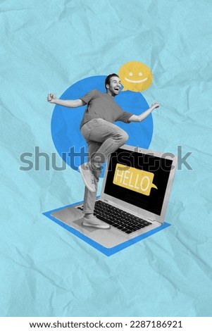 Creative graphics collage image of excited funky guy texting hello instagram twitter telegram facebook isolated drawing background