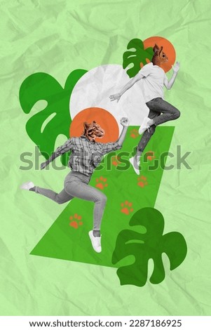 Creative collage of headless absurd wild animal running hurry fast speed squirrel leopard hunt find discount isolated on green background