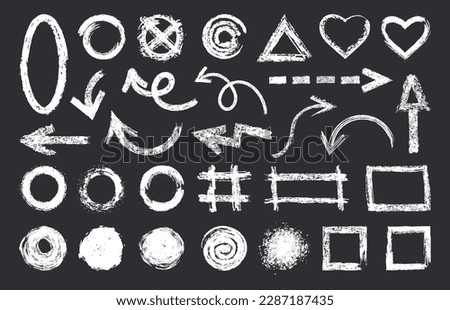 Chalk pencil elements. Grunge texture chalk brushes, hand drawn abstract shapes. Doodle rough charcoal brush flat vector symbols illustration set Royalty-Free Stock Photo #2287187435
