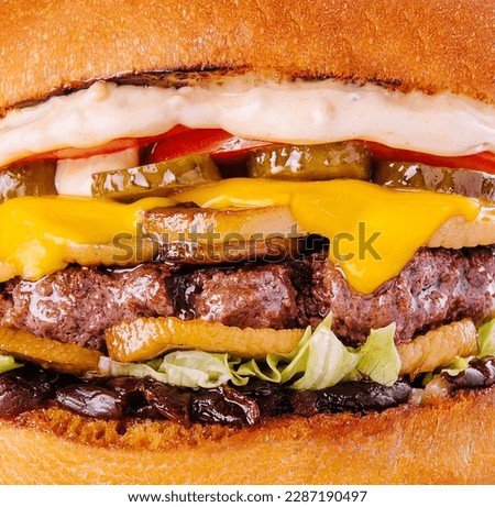 Delicious hamburger with beef cutlet close up